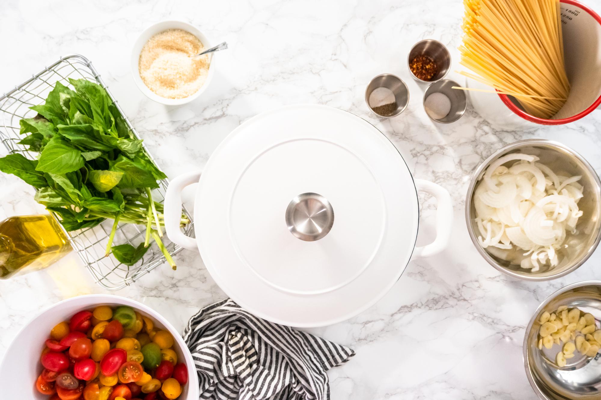 Flat lay of simple plated meals on a wooden table